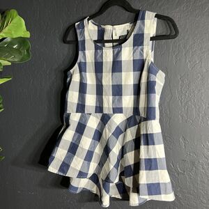 Anthropologie HD In Paris Blouse‎ 2 Blue White Checkered Plaid Peplum Keyhole